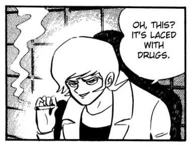 The panel from the original manga run where Ryo is smoking a blunt and saying 'Oh, this? It's laced with drugs.'